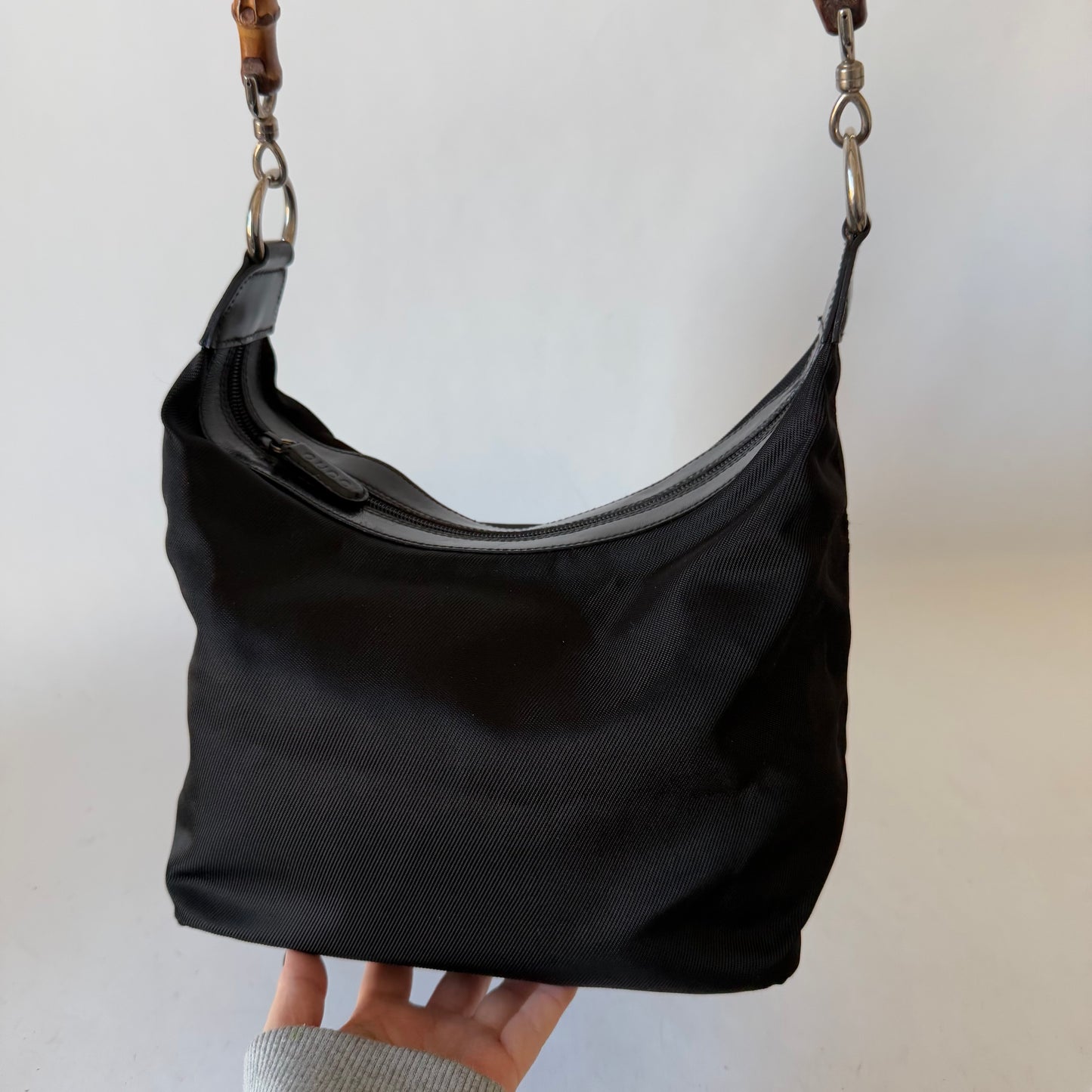 Gucci Tom Ford Era Black Nylon Shoulder Bag w/ Bamboo Handle