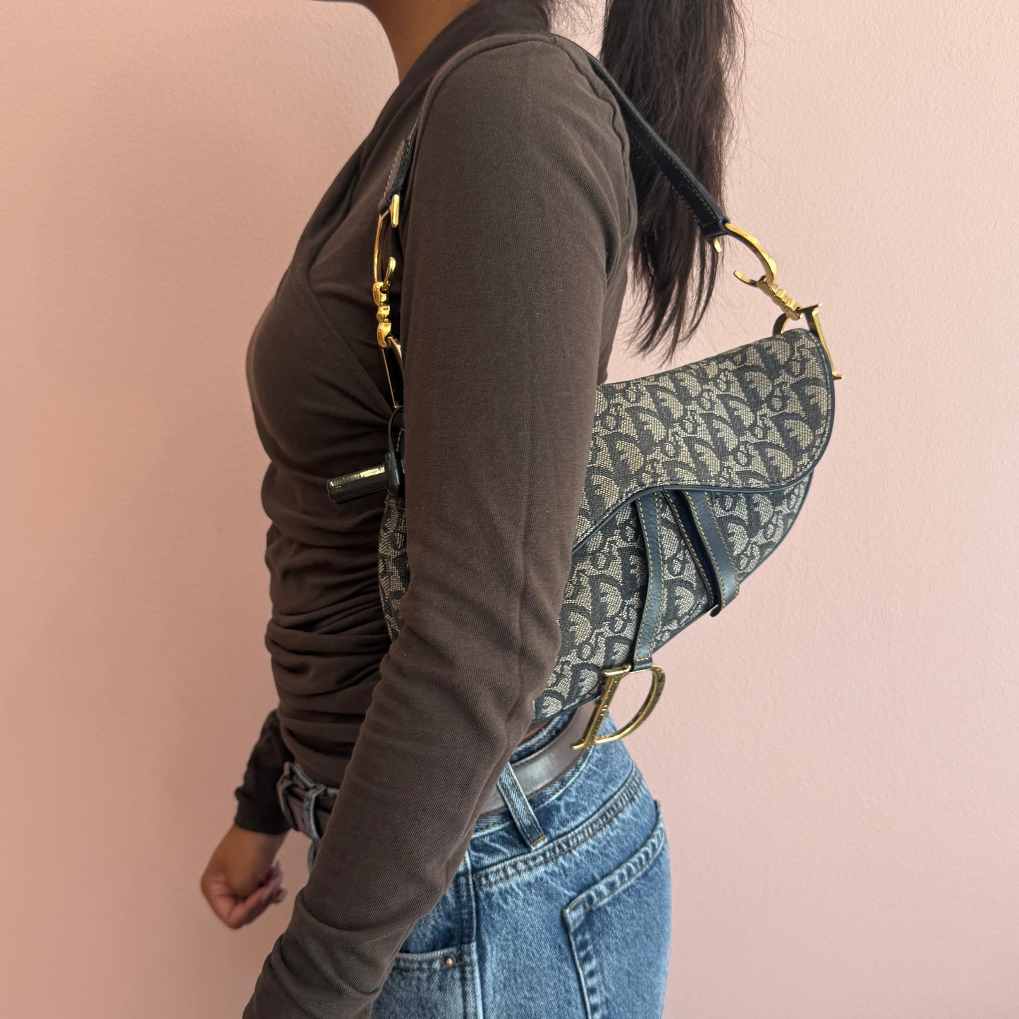 Christian Dior Navy Canvas & Leather Trotter Monogram Saddle Bag