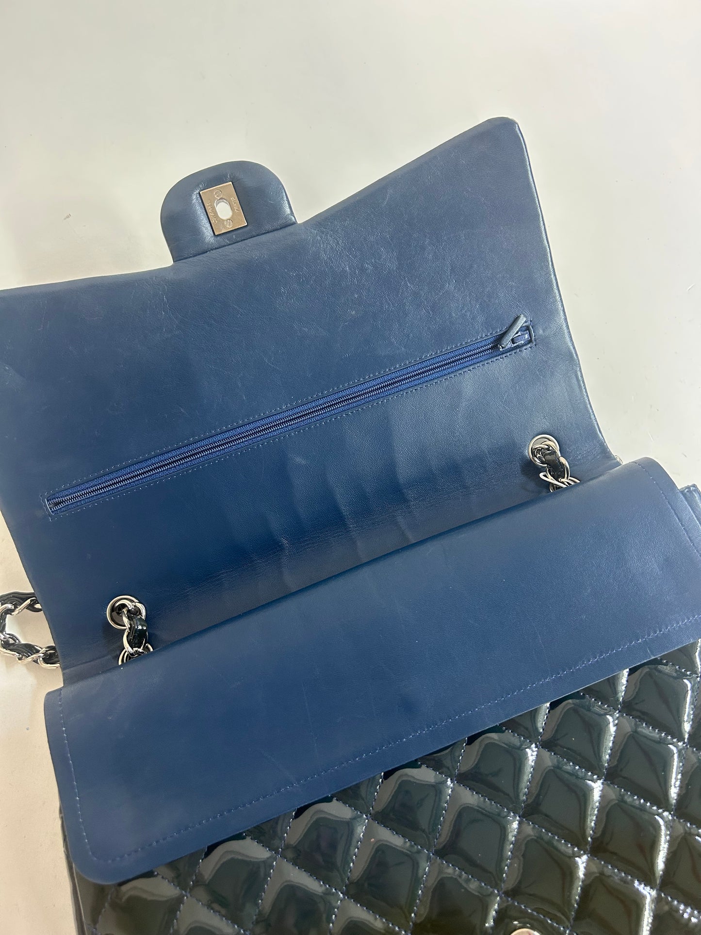 Chanel Patent Leather Dark Green Maxi Double Flap Shoulder Bag