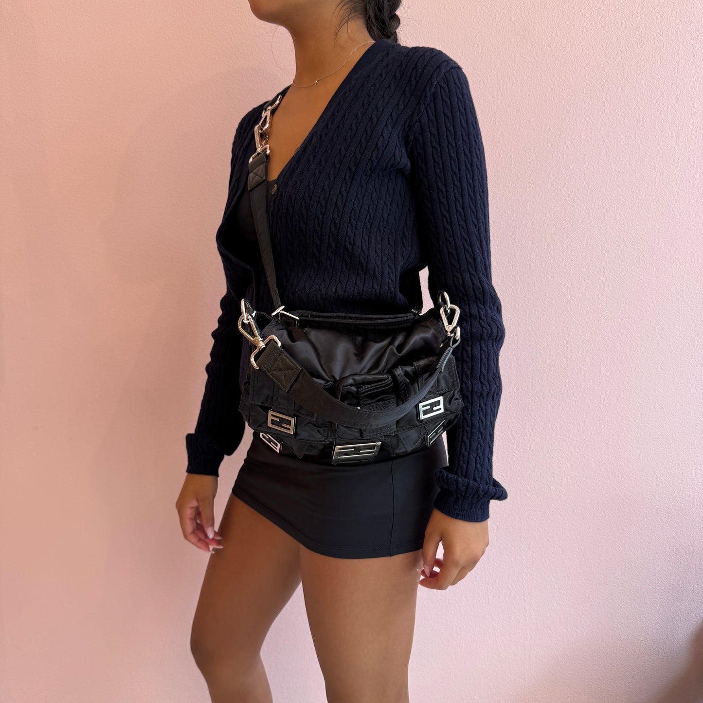 Fendi AW22 Multi Pocket Black Nylon Baguette