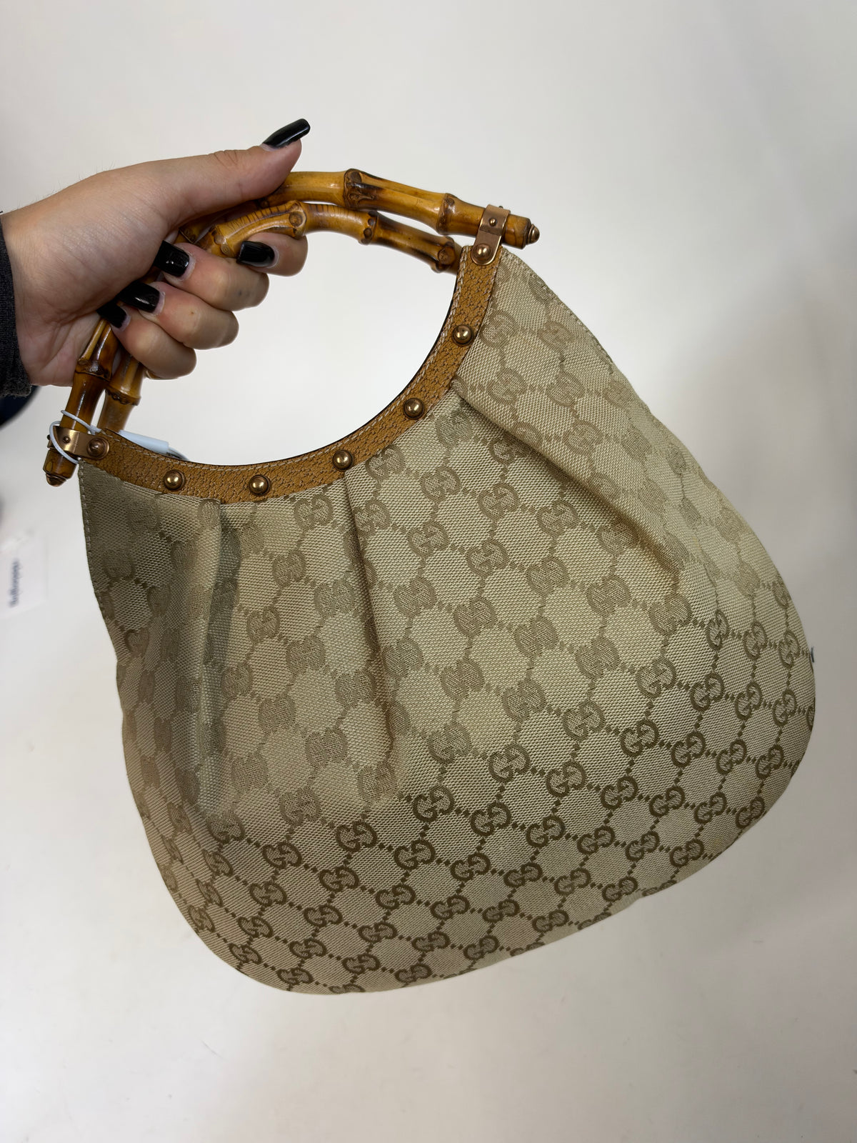 Gucci Beige Canvas Monogram Bamboo Handle Shoulder Bag