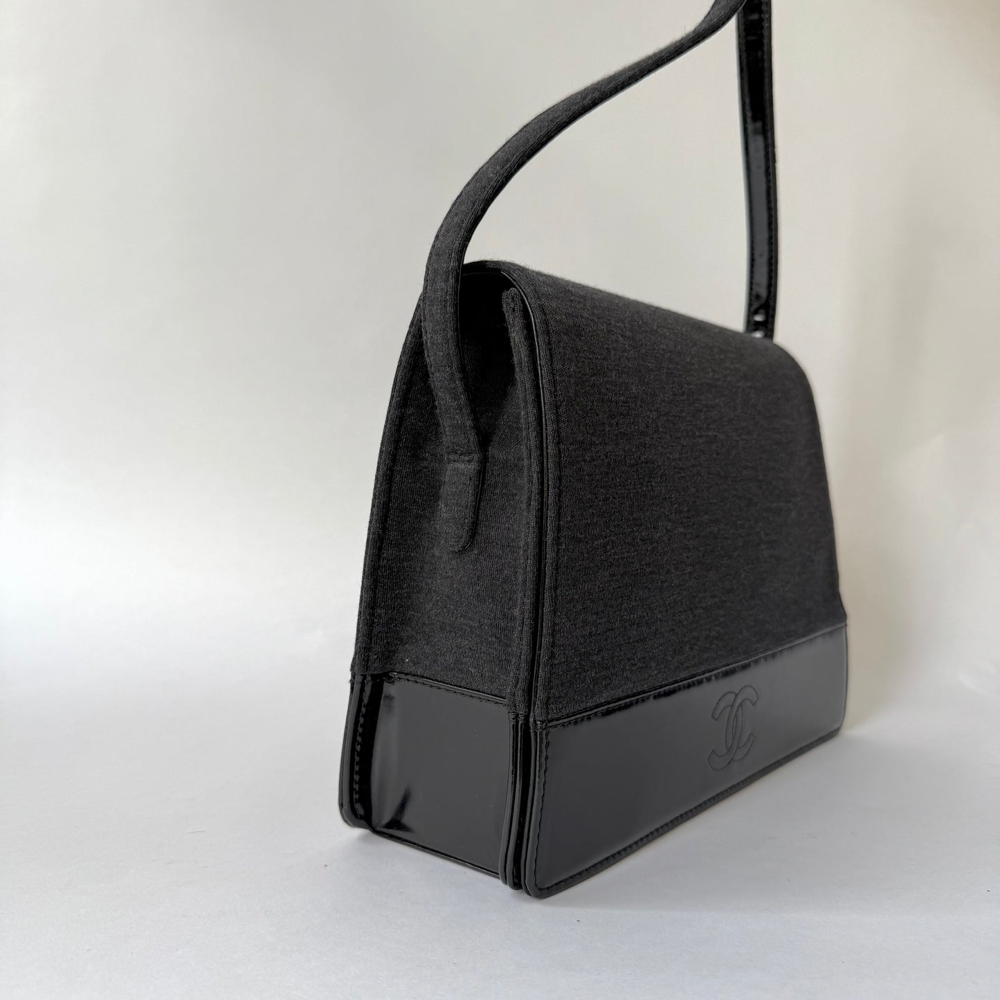 Chanel Black & Gray Jersey Shoulder Bag w/ Patent Leather