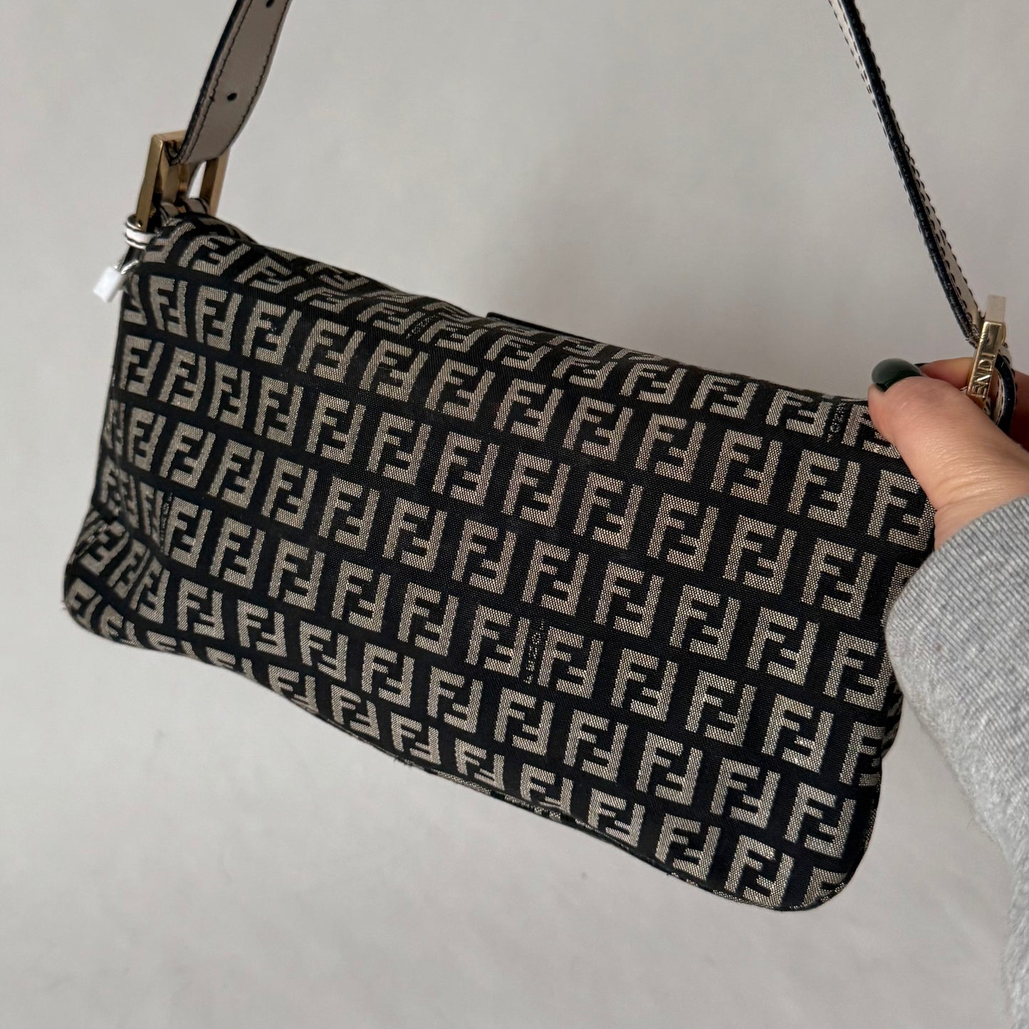Fendi Zucchino & White Leather Baguette Shoulder Bag