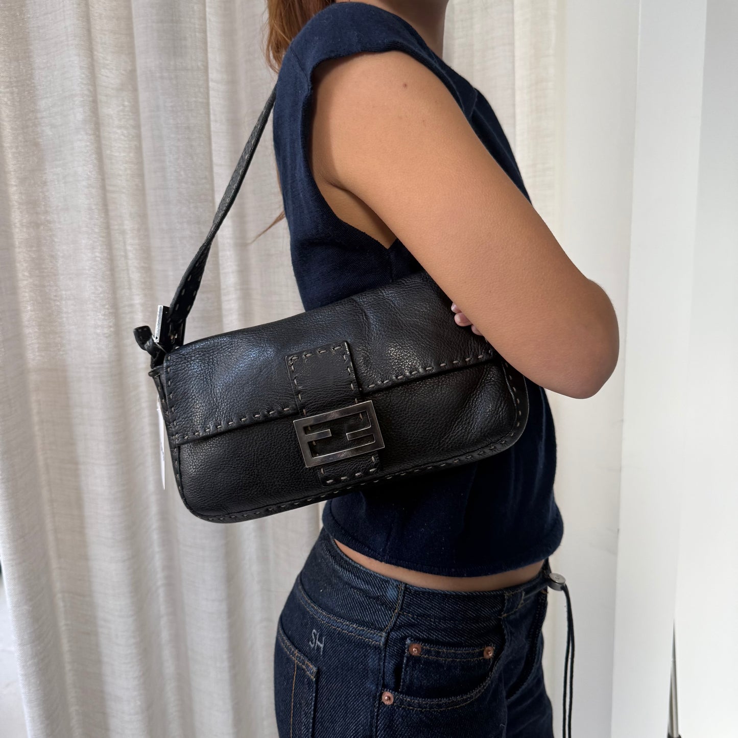 Fendi Black Selleria Leather Stitched Baguette Shoulder Bag