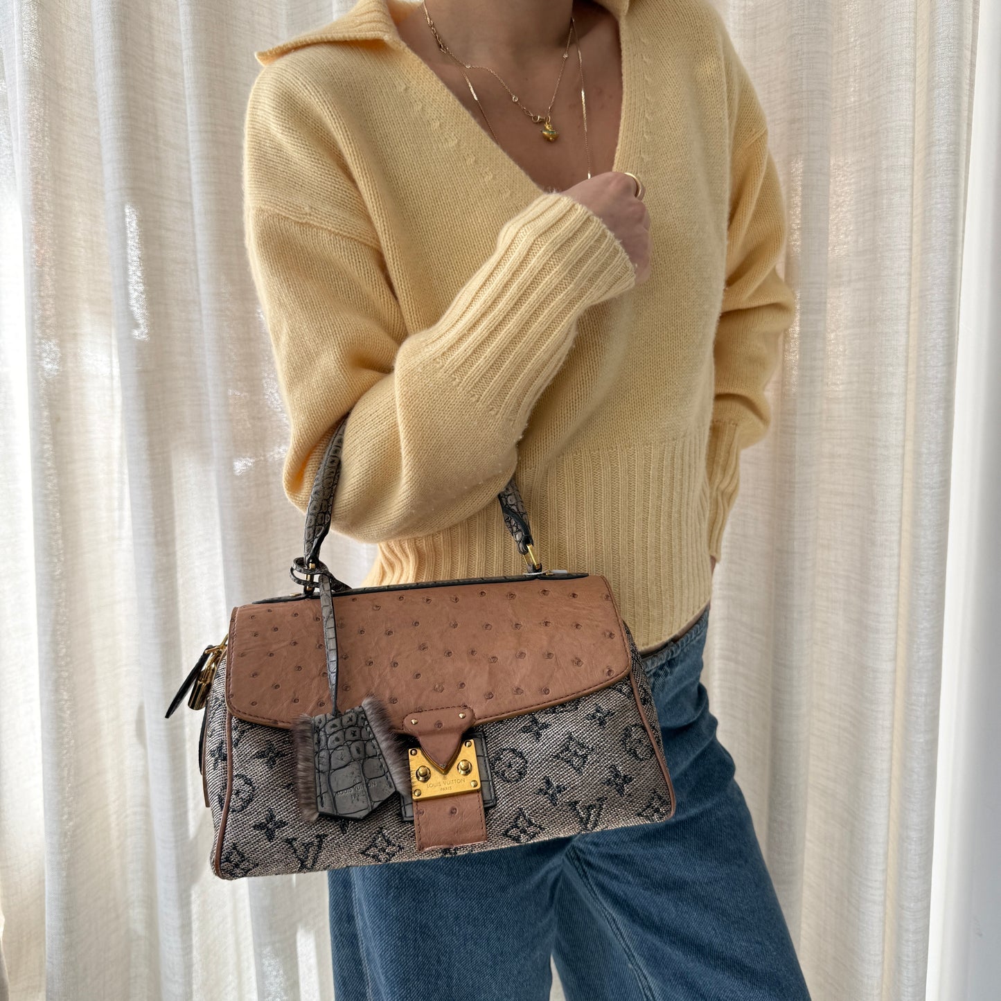 RARE Louis Vuitton Brown Multicolored Monogram Ostrich & Alligator Comédie Carousel Top Handle Bag