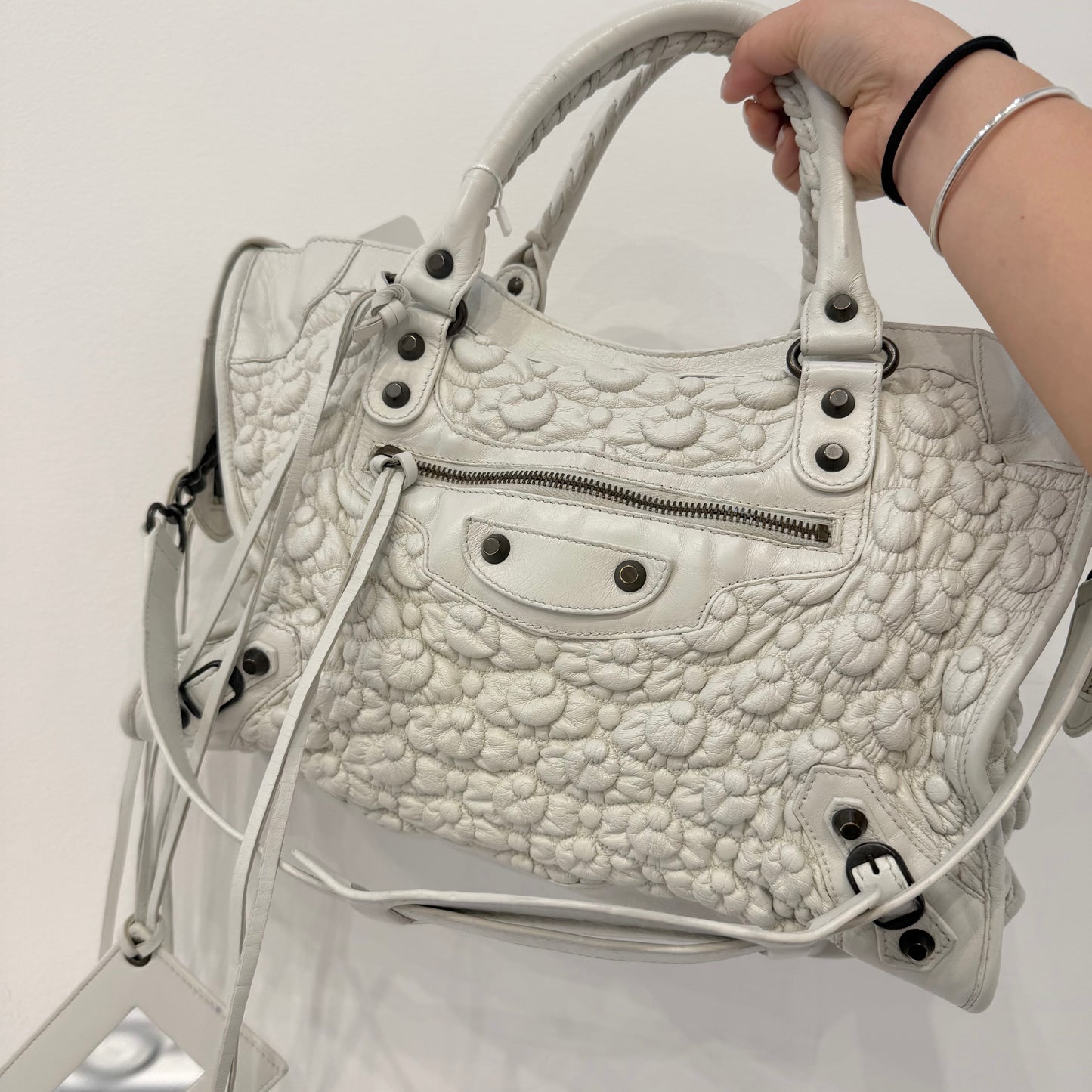 RARE Balenciaga White Leather Bubble Quilted City Bag