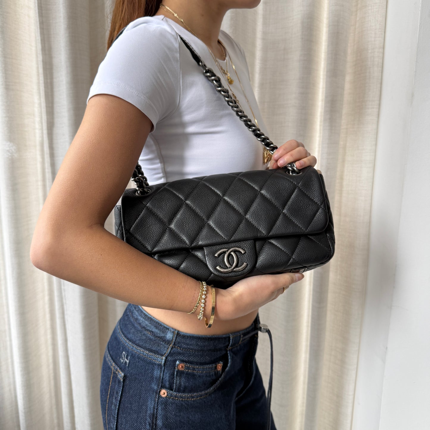 Chanel Black Caviar Leather Quilted Casual Flap Shoulder Bag