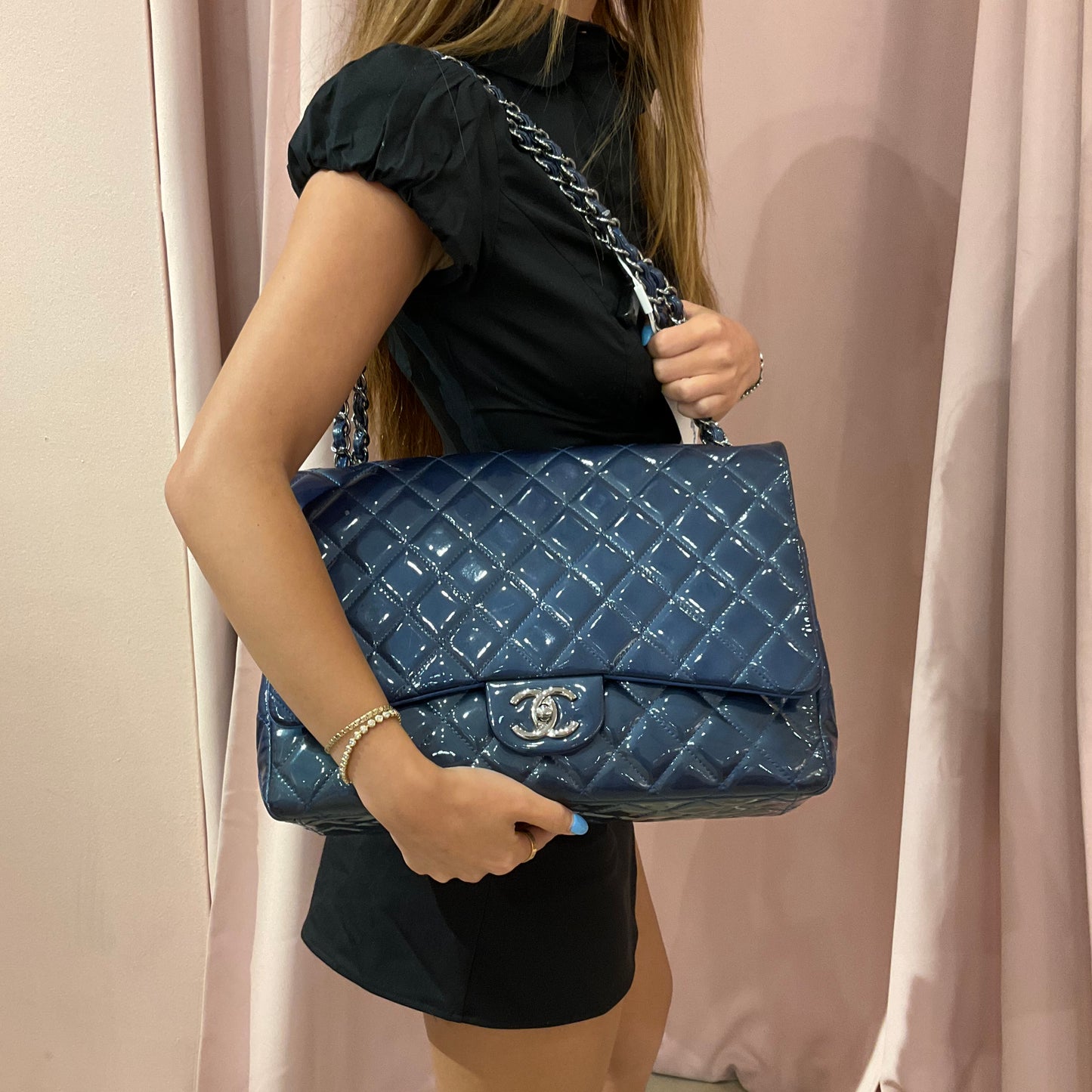 Chanel Patent Leather Blue Jumbo Double Flap Shoulder Bag
