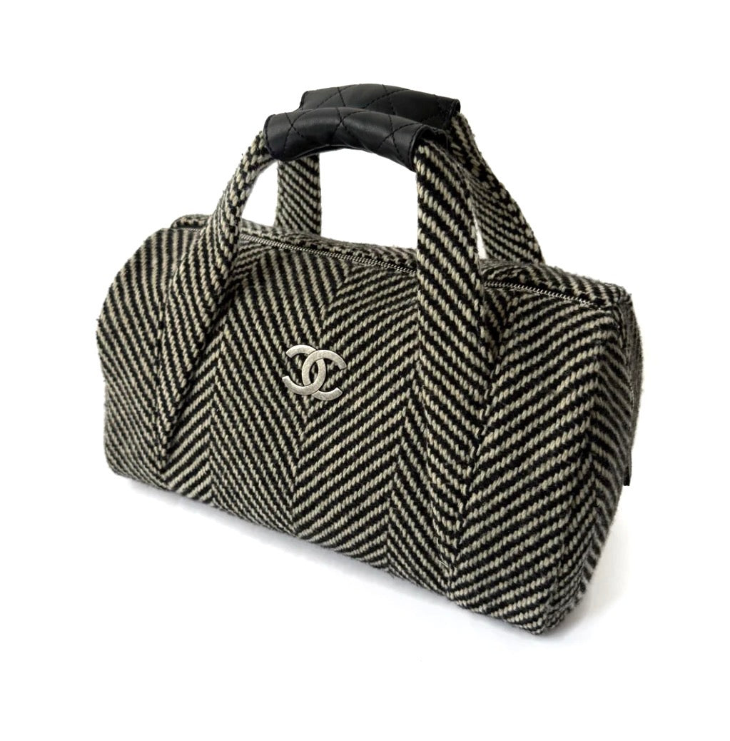 Chanel 2005 Black & White Wool Chevron Bowler Bag