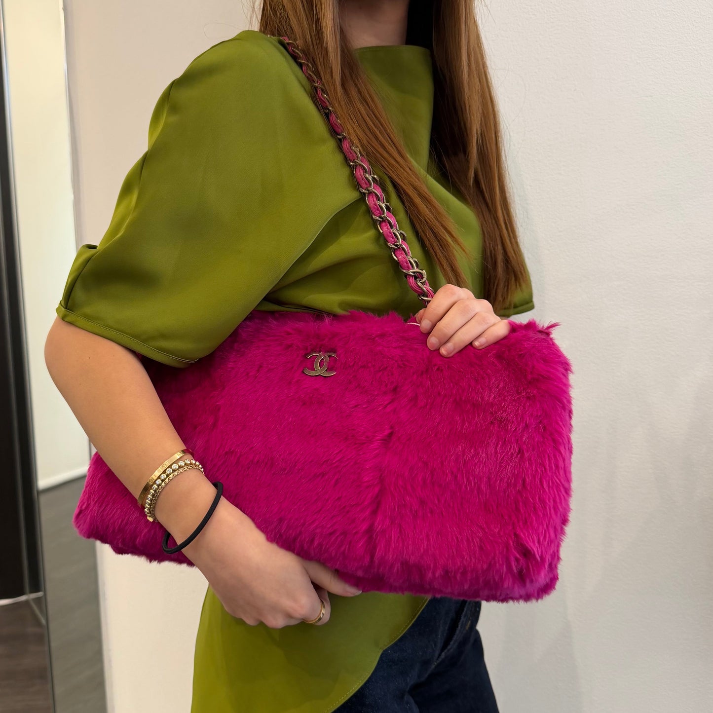 Chanel 2000 Pink Fur Shoulder Tote Bag