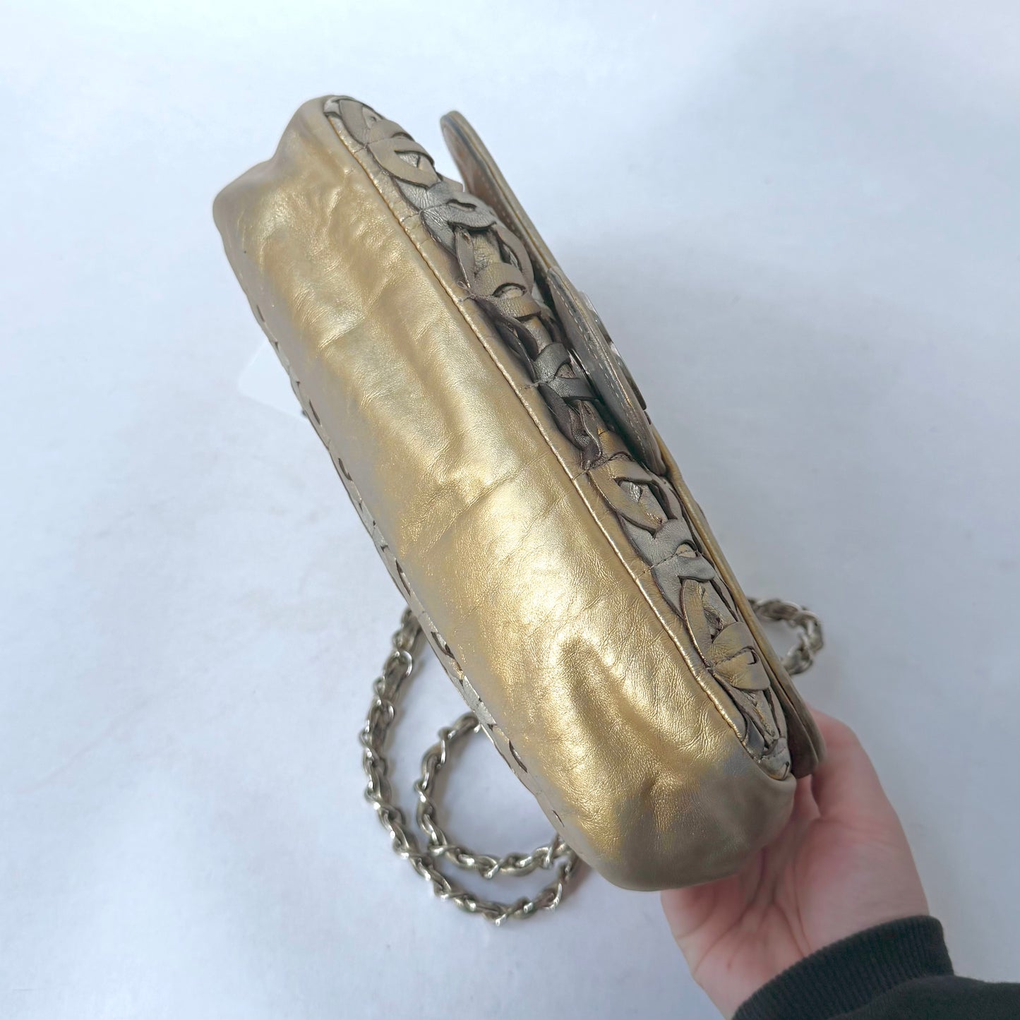 RARE Chanel Gold Metallic CC Cutout Lambskin Medium Flap