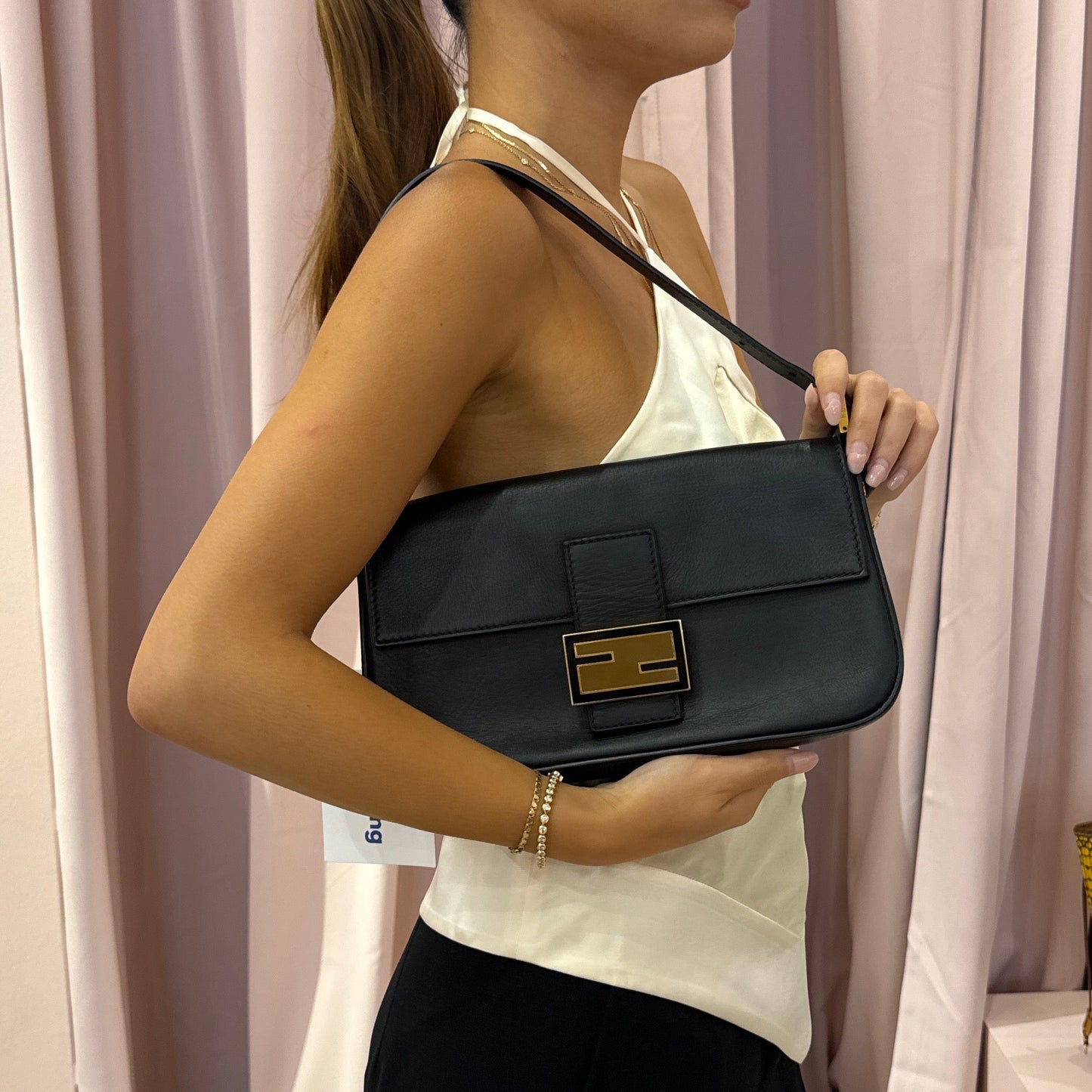 Fendi Black Leather Flat Flap Baguette Shoulder Bag
