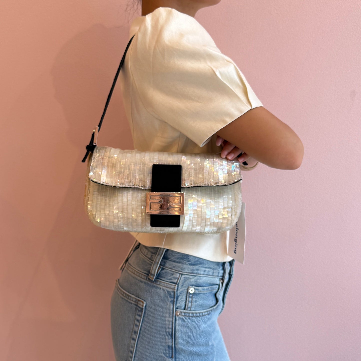 Fendi Ivory Shimmer Sequin & Beaded Baguette with Ponyhair Shoulder Bag