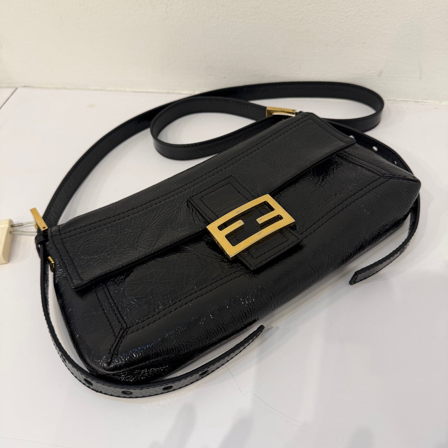 Fendi Black Crinkle Patent Leather Long Strap Baguette