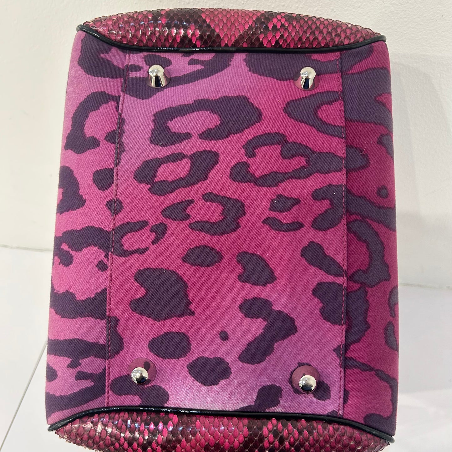 Christian Dior Pink Python Leather & Canvas Cheetah Print Gambler Dice Bowler Bag