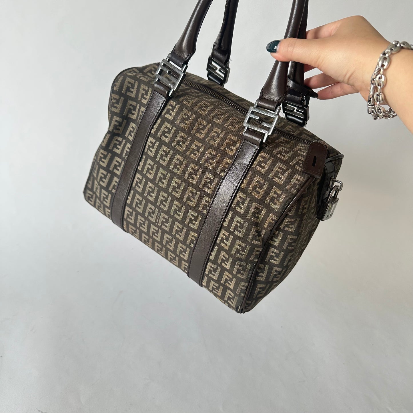 Fendi Brown Zucchino Monogram Boston Bag