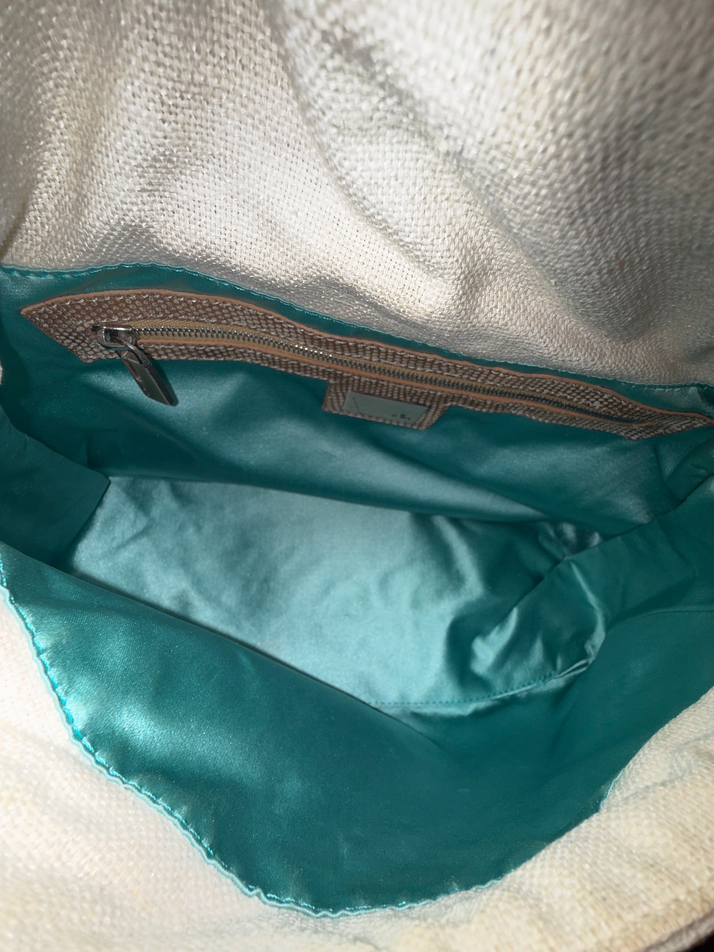 RARE Fendi White Canvas Turquoise Beaded Lizard Trim Mamma Baguette Shoulder Bag