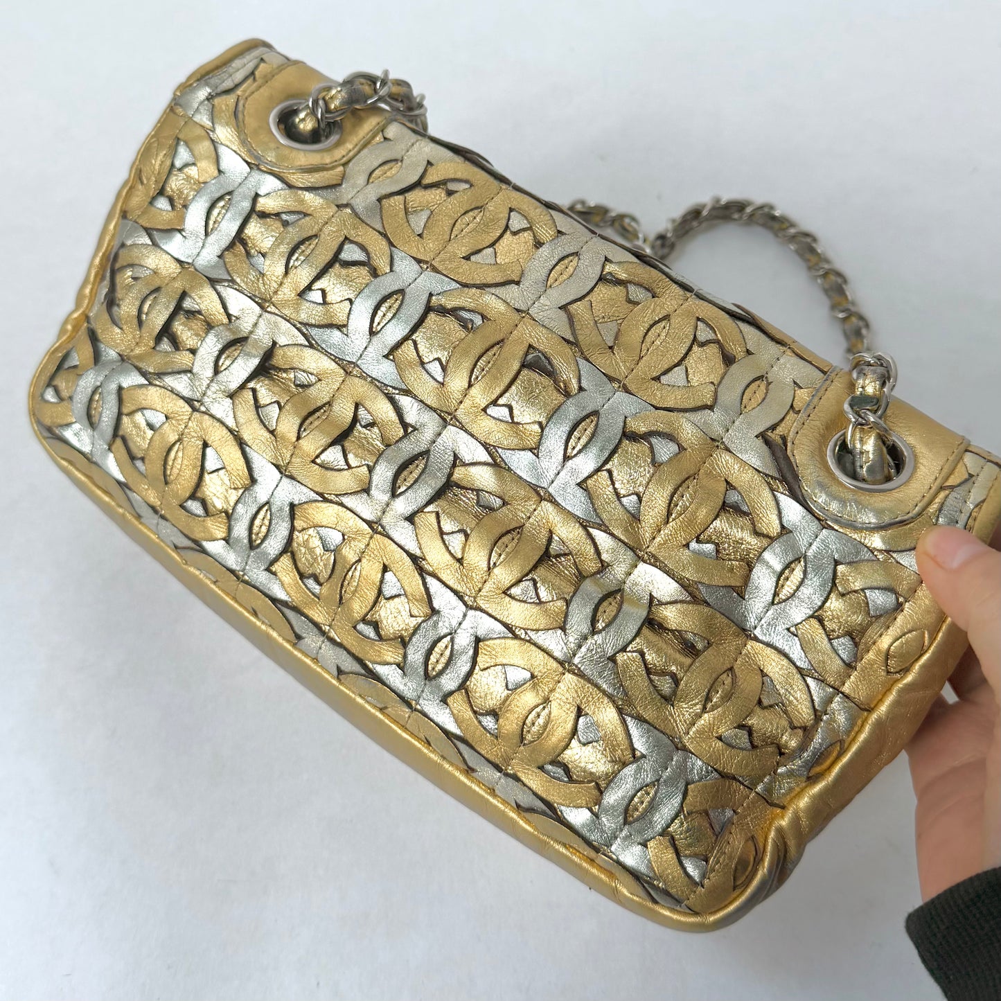 RARE Chanel Gold Metallic CC Cutout Lambskin Medium Flap