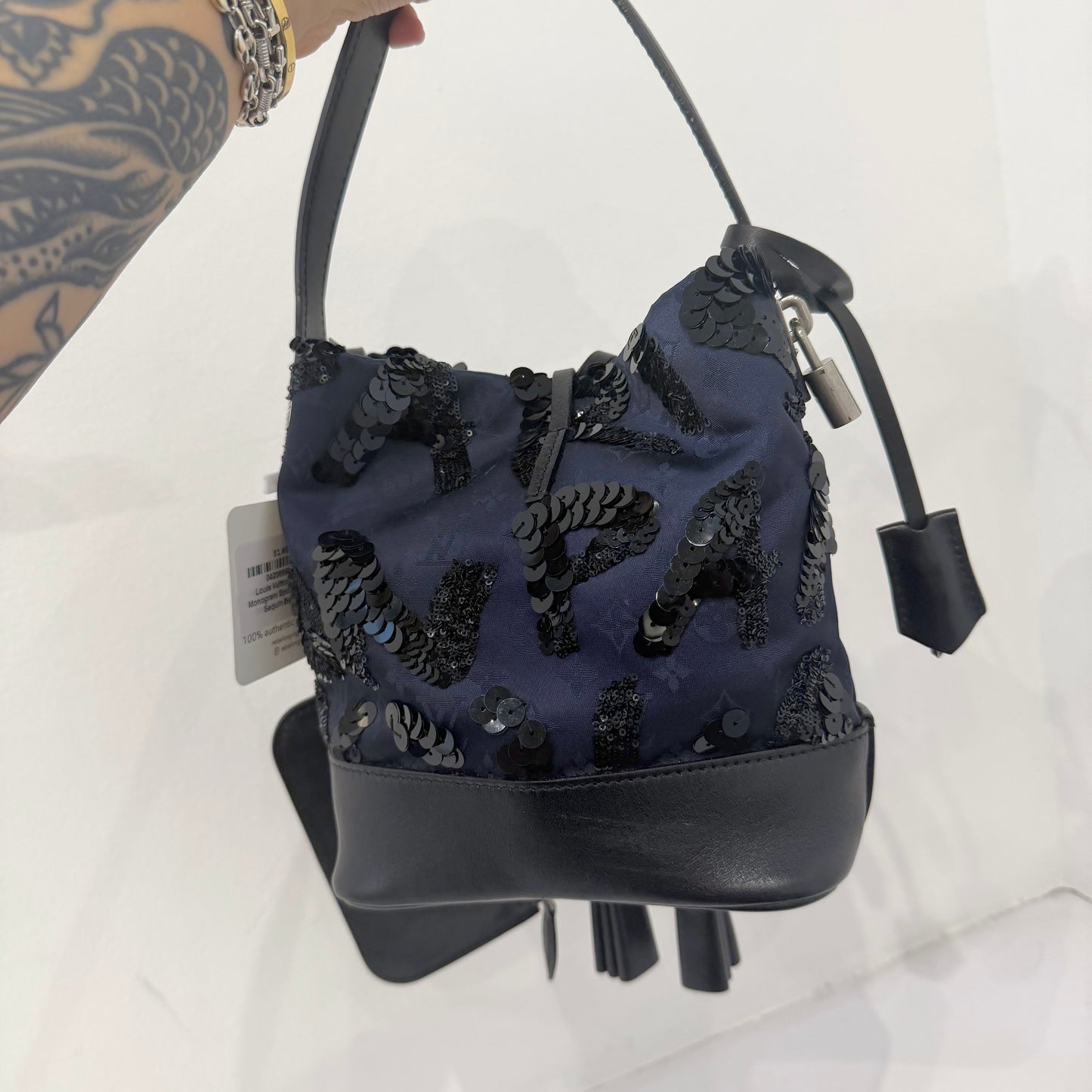 Louis Vuitton Navy Satin Monogram Spotlight PM Black Sequin Bucket Bag