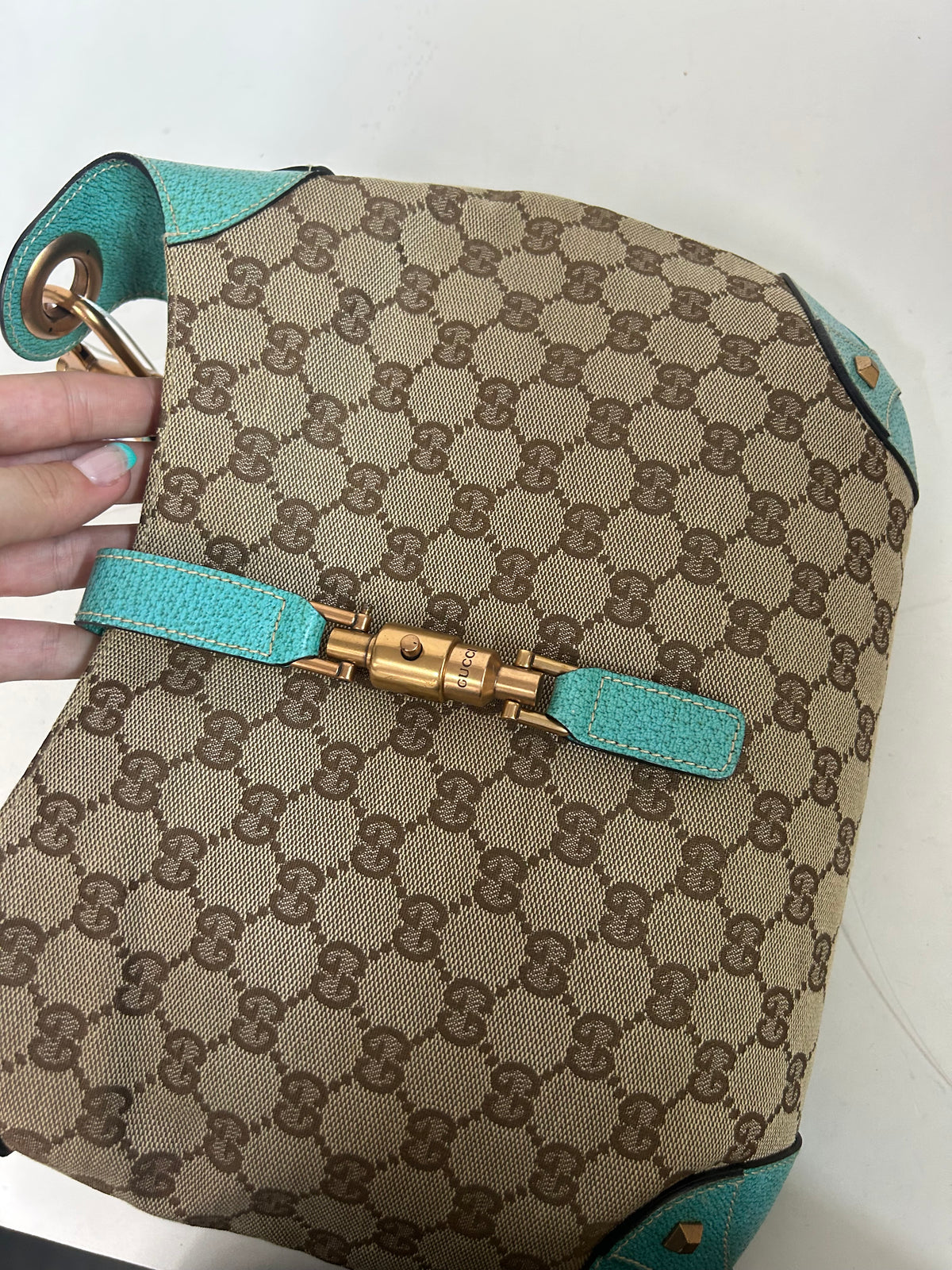 Gucci Brown Teal Canvas & Leather Monogram Jackie Shoulder Bag
