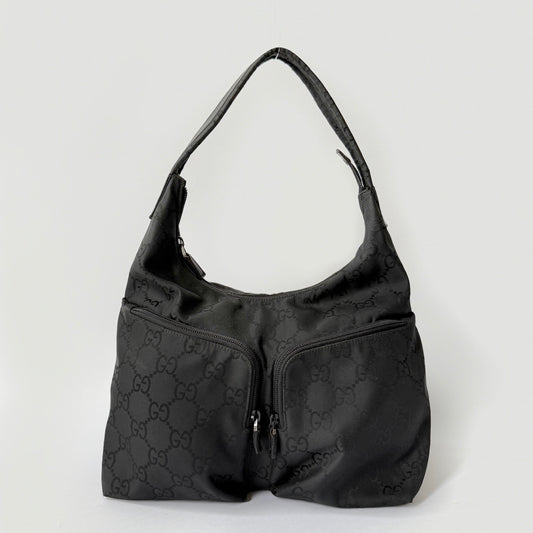 Gucci Black Canvas Monogram Double Pocket Shoulder Bag