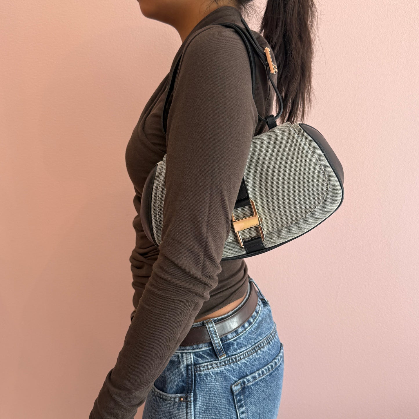 Gucci Gray & Black Canvas & Leather Shoulder Bag