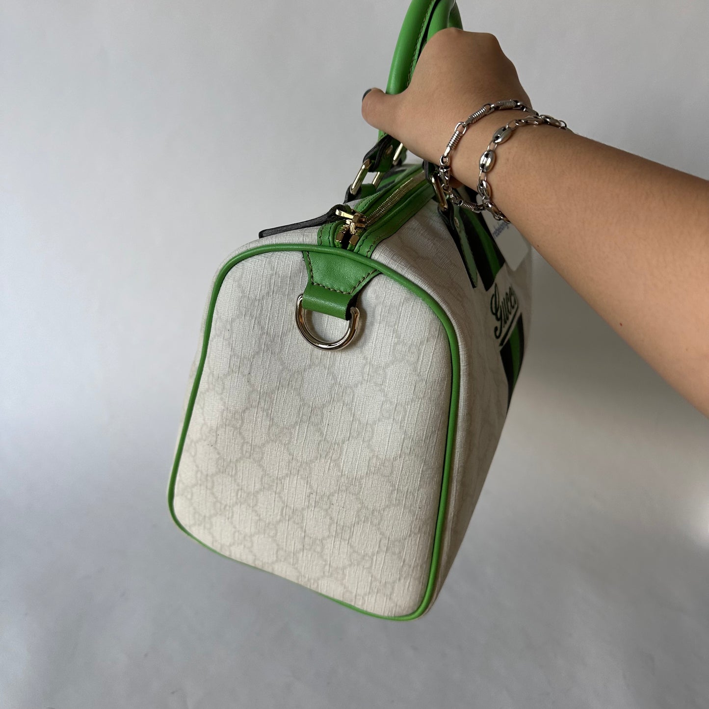 Gucci White Monogram Green Web Stripe Large Boston Bag