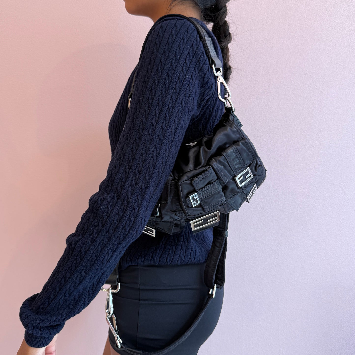 Fendi AW22 Multi Pocket Black Nylon Baguette
