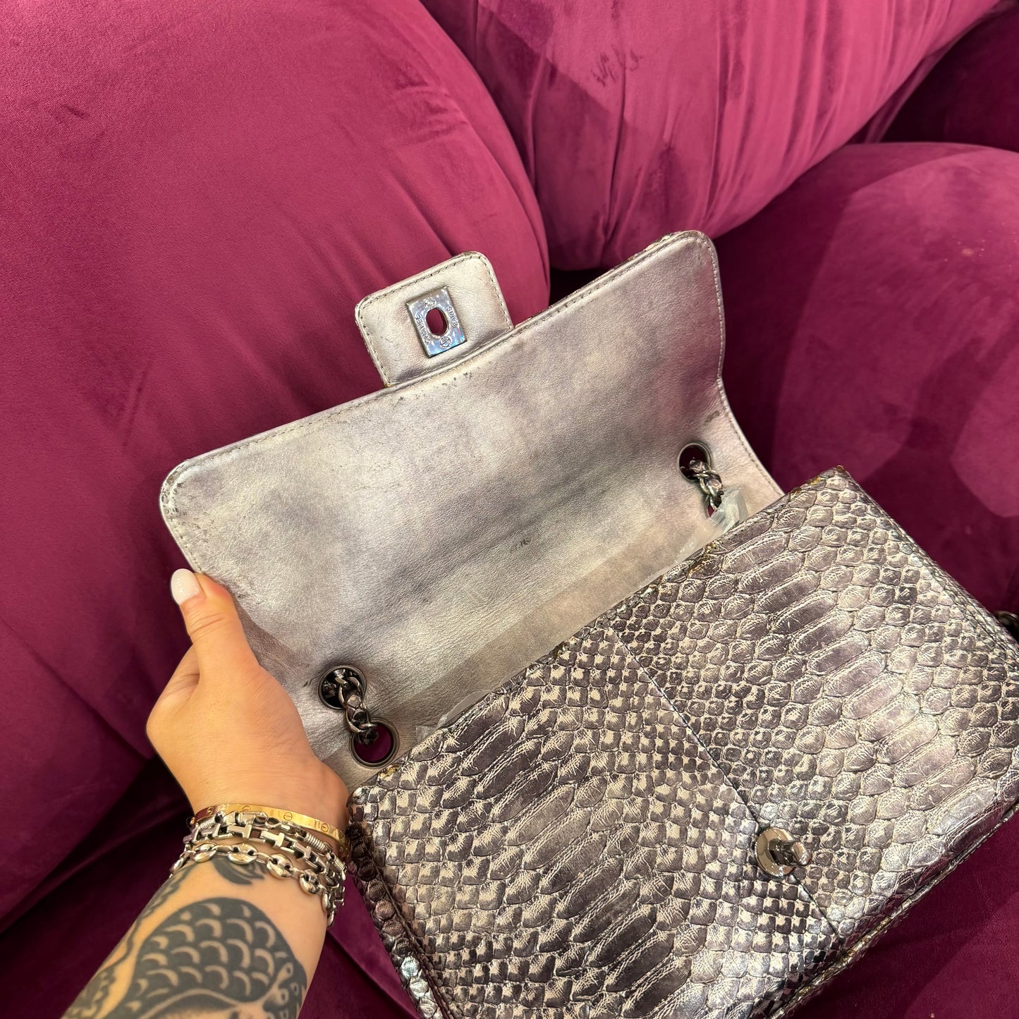 Chanel 2007 Silver Python Soho Tassel Flap Bag