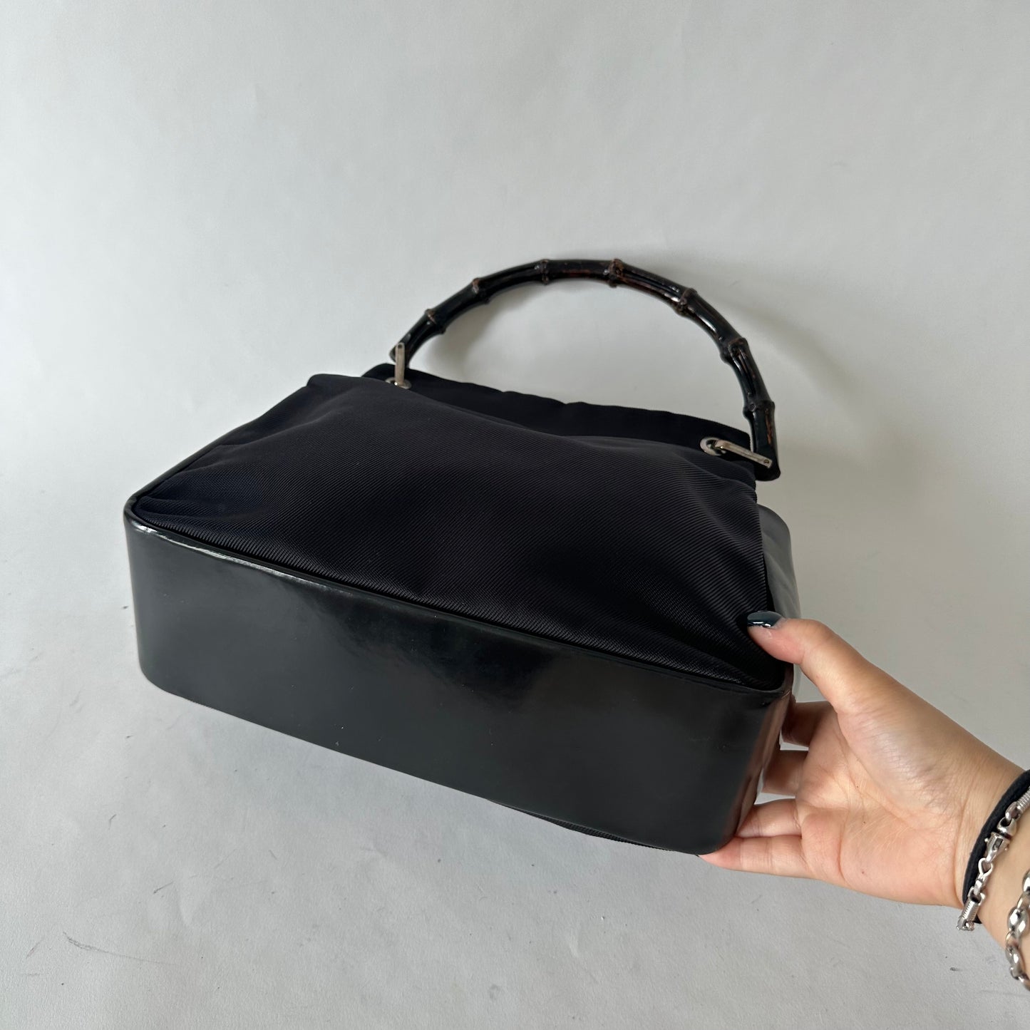 Gucci Black Nylon & Leather Bamboo Tote