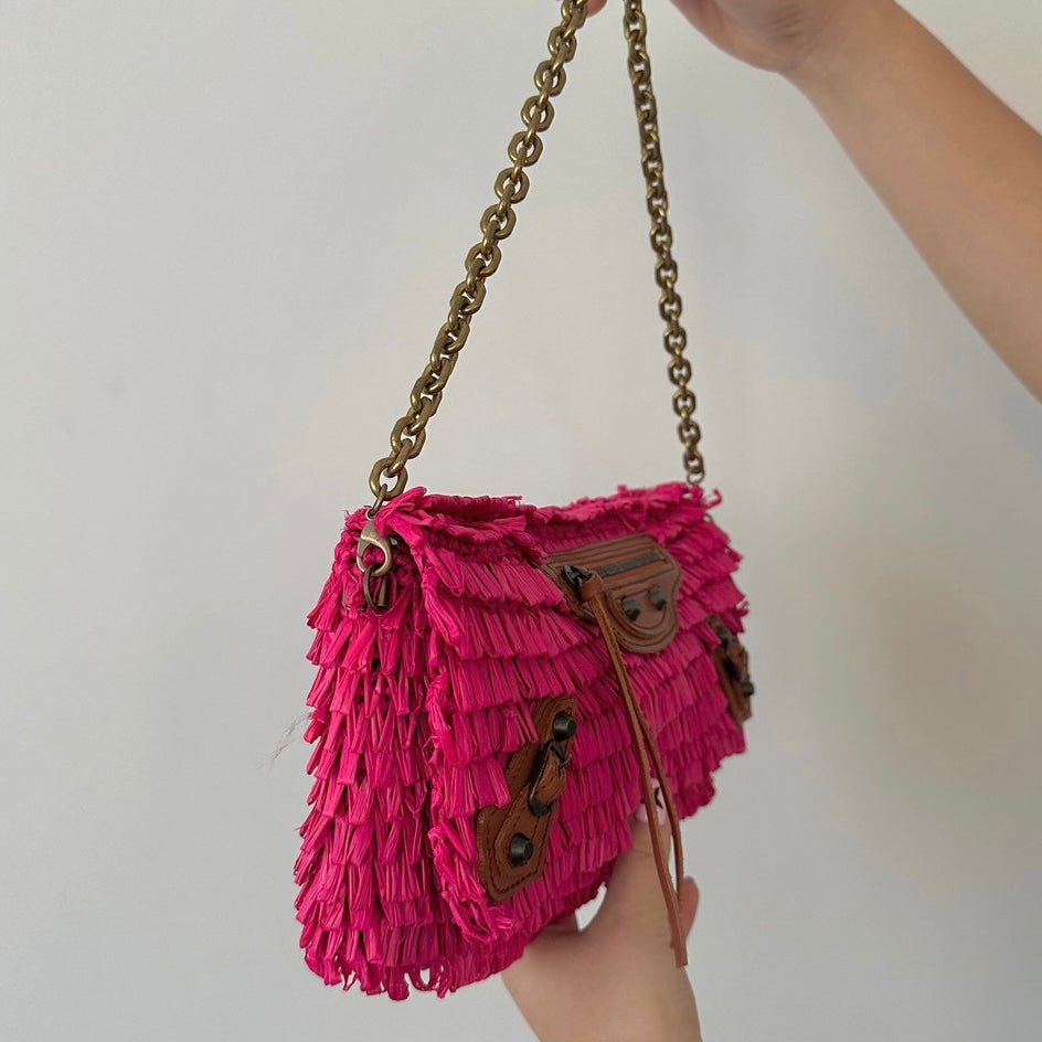 Balenciaga Woven Pink & Beige Panier Large Basket Rafia Tote w/ Mirror