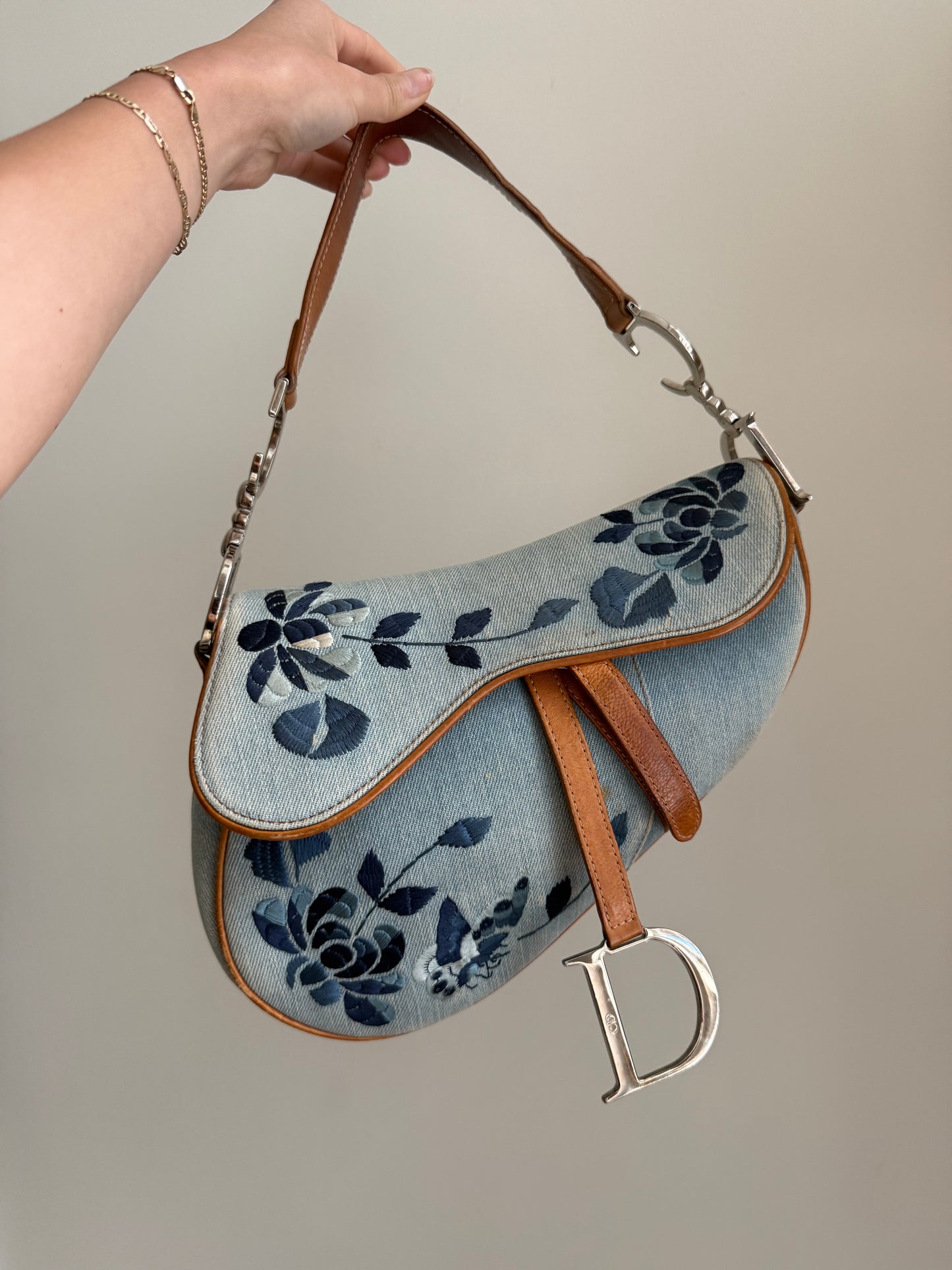 RARE Christian Dior 2005 Denim Floral Embroidered Saddle Bag