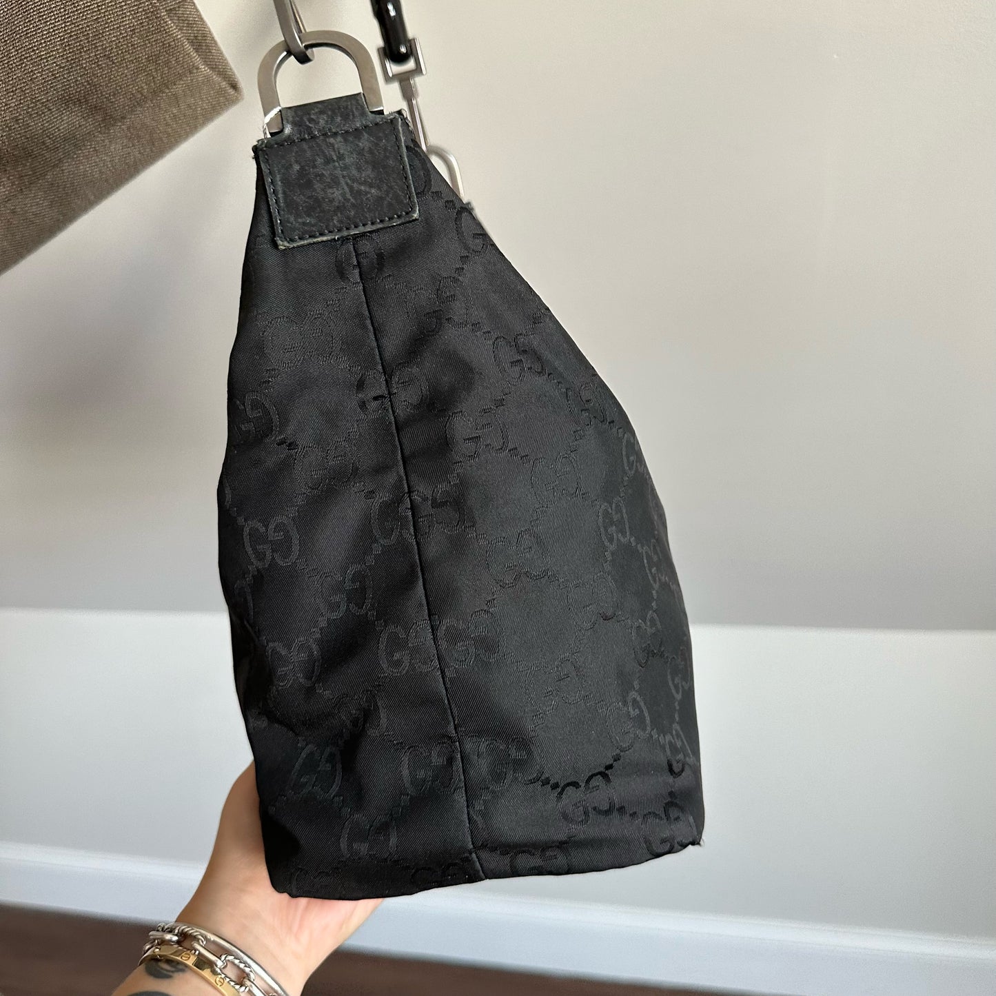 Gucci Black Bamboo Handle Monogram Hobo Bag
