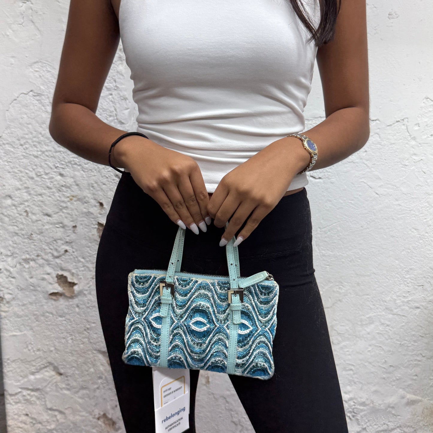 Fendi Blue & White Wave Beaded Tote Bag