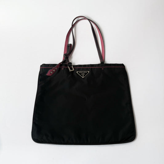Prada Black Nylon & Pink Trim Small Tote Bag