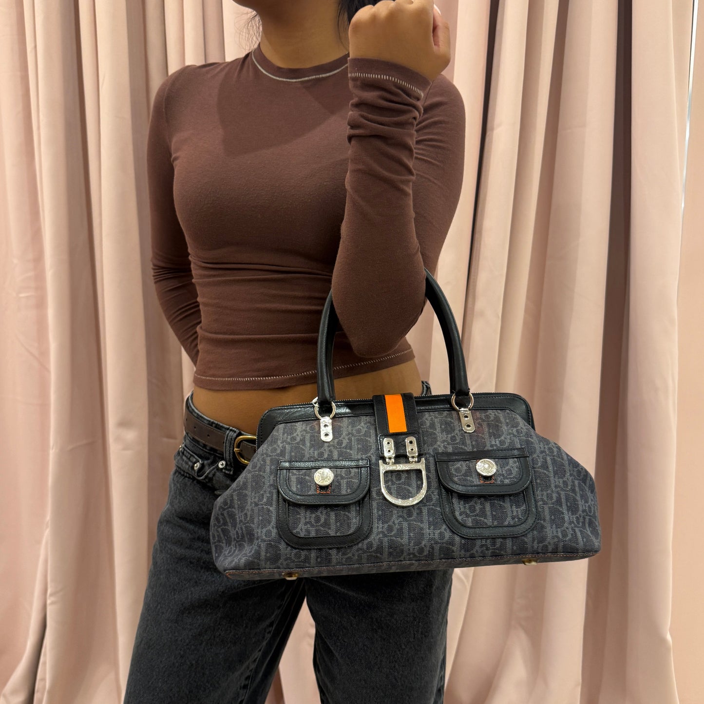 Christian Dior Flight Canvas Top Handle Boston Bag