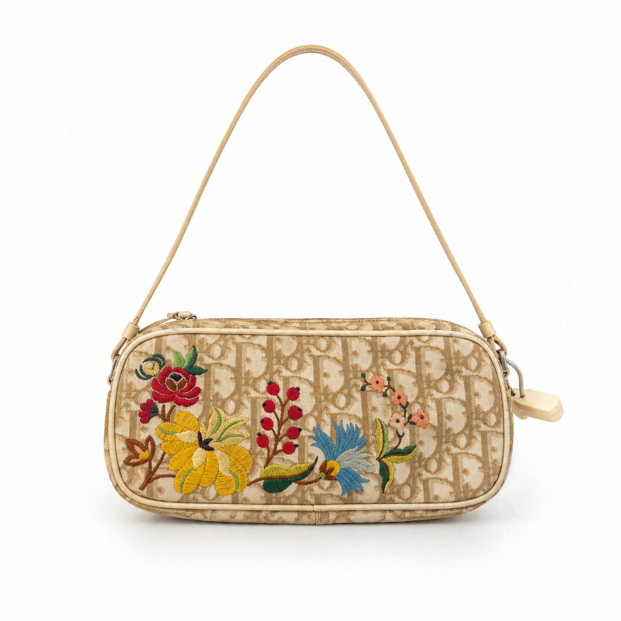 Christian Dior Cream Coated Canvas Floral Embroidered Pochette