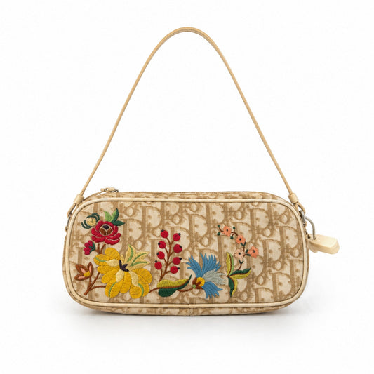 Christian Dior Cream Coated Canvas Floral Embroidered Pochette