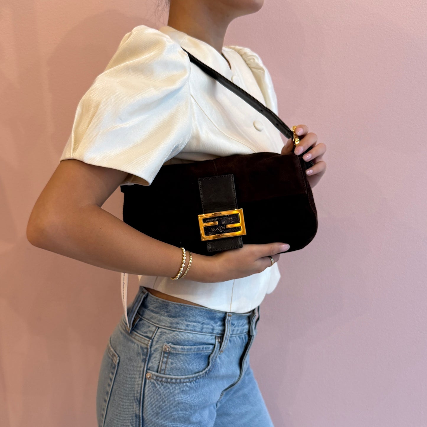 Fendi Brown Suede & Leather Baguette Shoulder Bag GHW