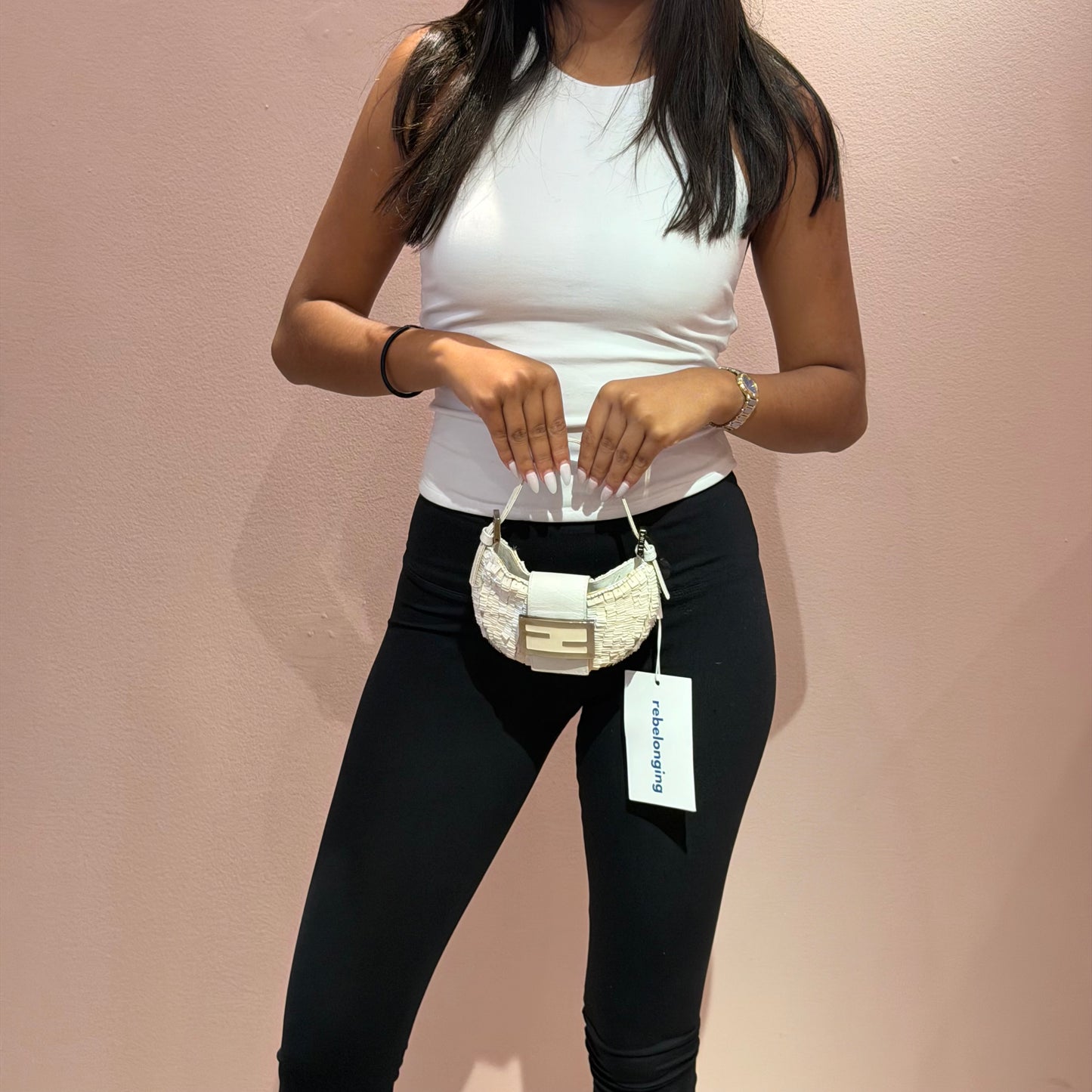 Fendi White Sequin & Leather Mini Croissant Top Handle Bag