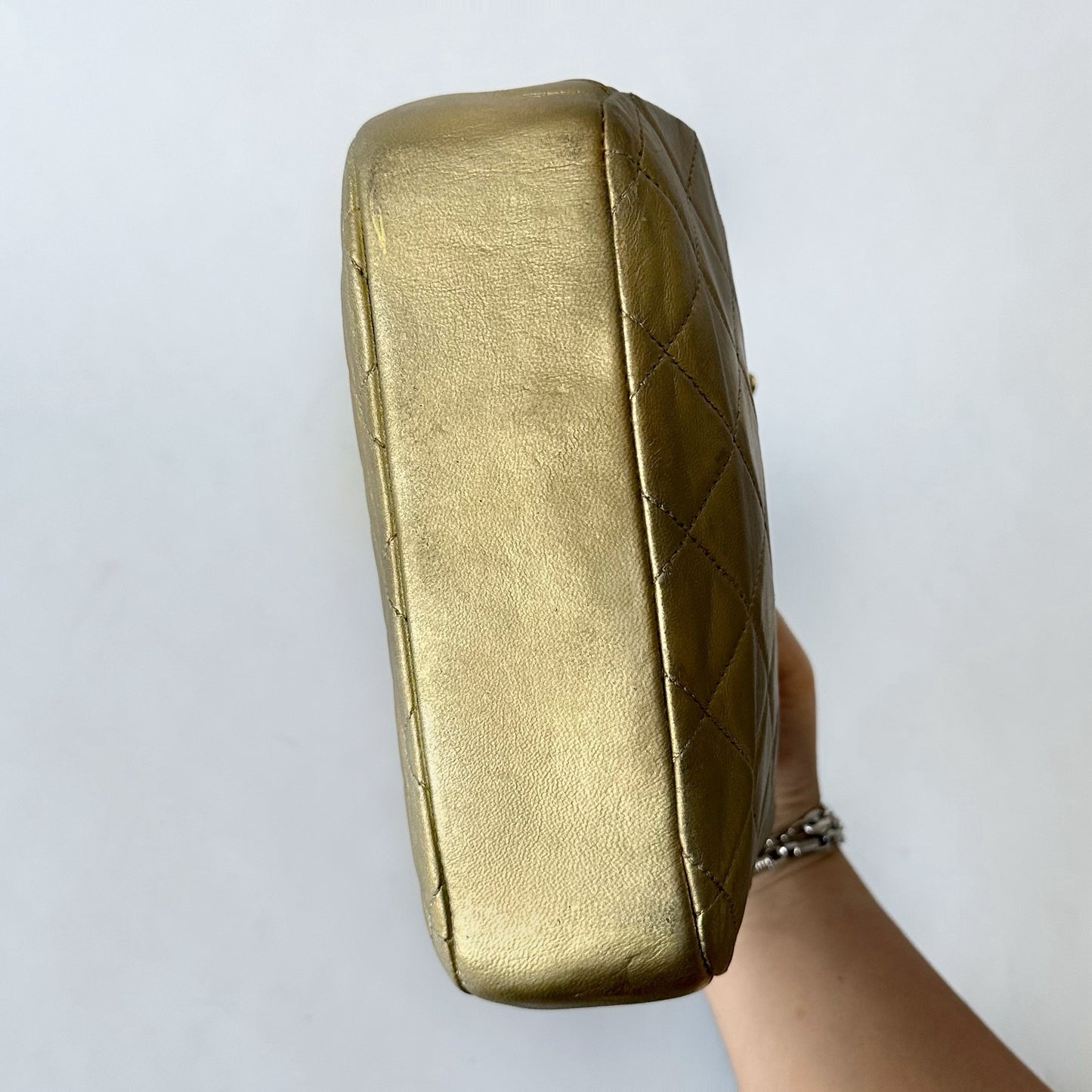 Chanel 1990 Gold Lambskin Kisslock Shoulder Bag
