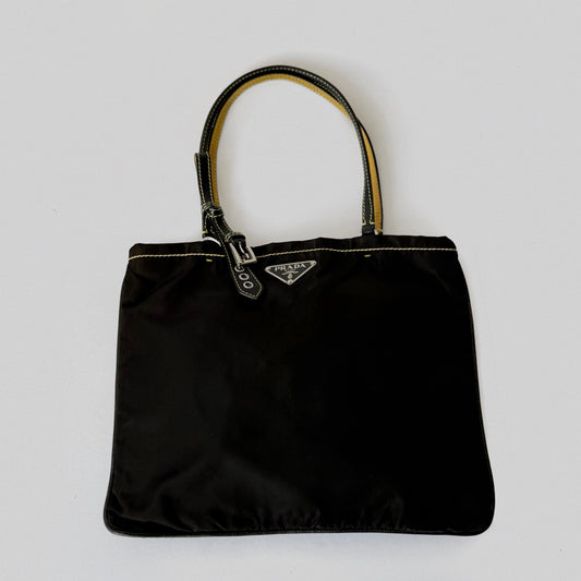Prada Black Nylon Yellow Trim Tote Bag