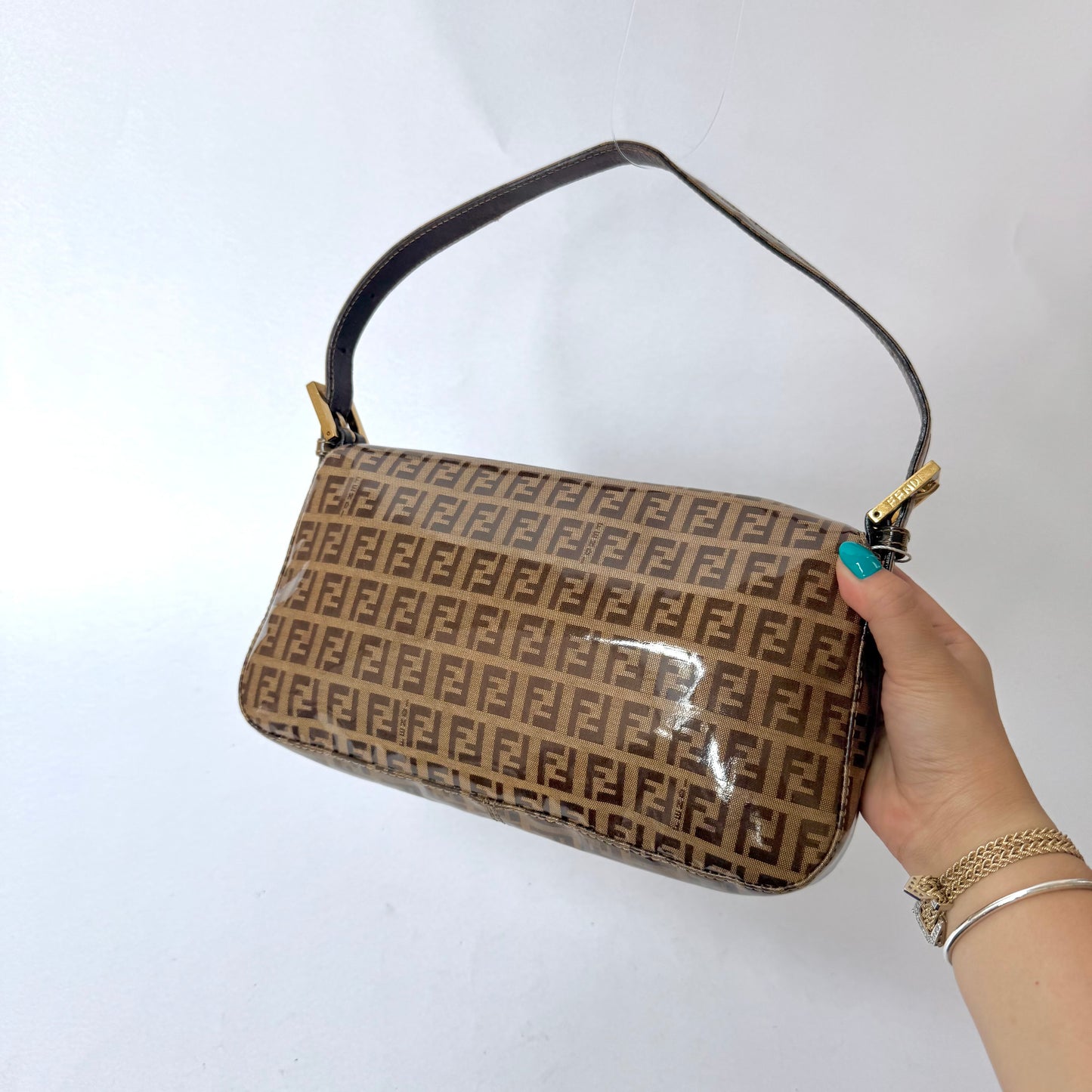 Fendi Brown Zucchino Patent Leather Baguette