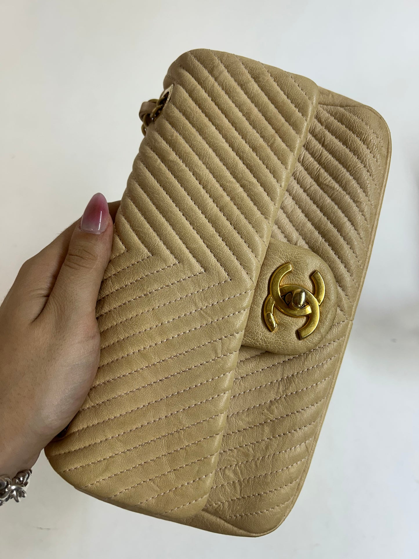 Chanel Beige Lambskin Leather Chevron Quilted Mini Flap