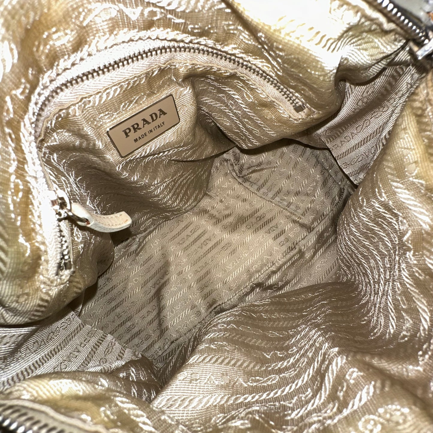 Prada Cream Nylon & White Leather Shoulder Hobo Bag