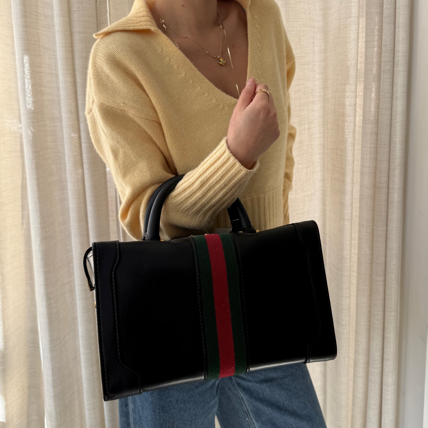 Gucci Black Leather Sherry Line Doctor Boston Bag