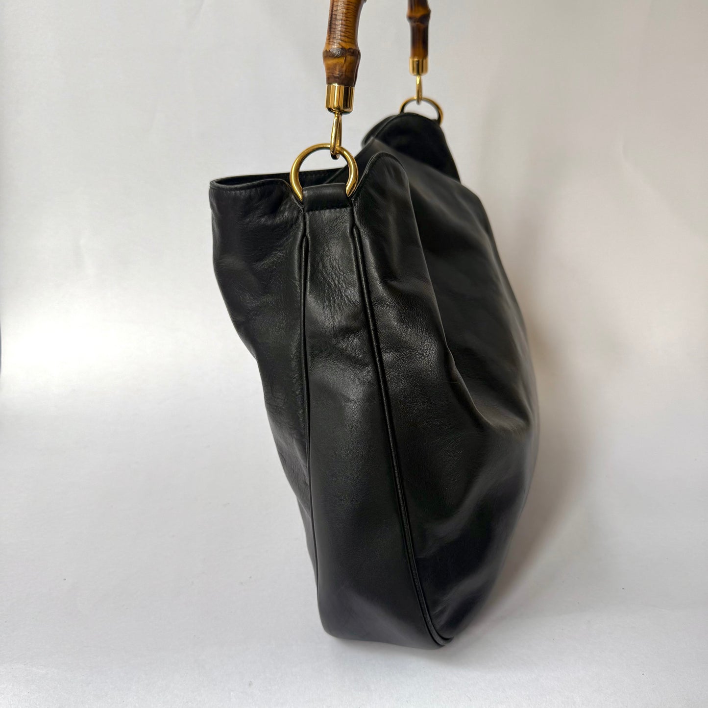 Gucci Black Lambskin Bamboo Handle Shoulder Bag