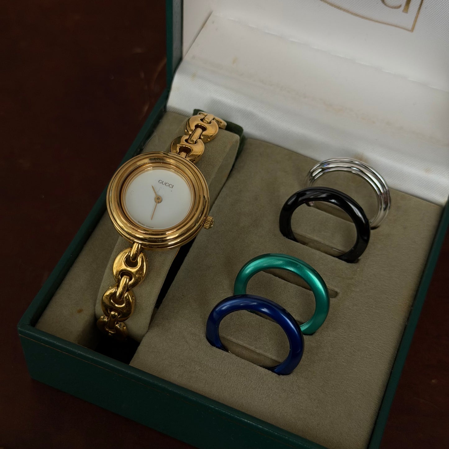 Gucci Gold Mariner Link White Dial Bezel Watch w/ 5 Bezels