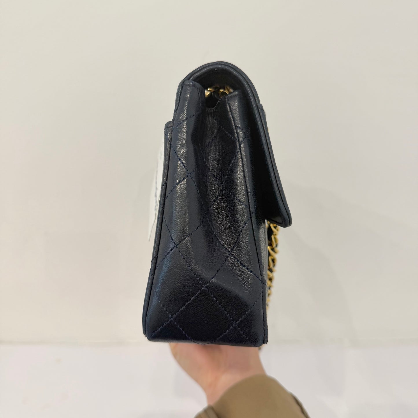 Chanel 1989 Navy Black Lambskin Leather Double Chain Matelasse Diana Flap Bag w/ Wallet