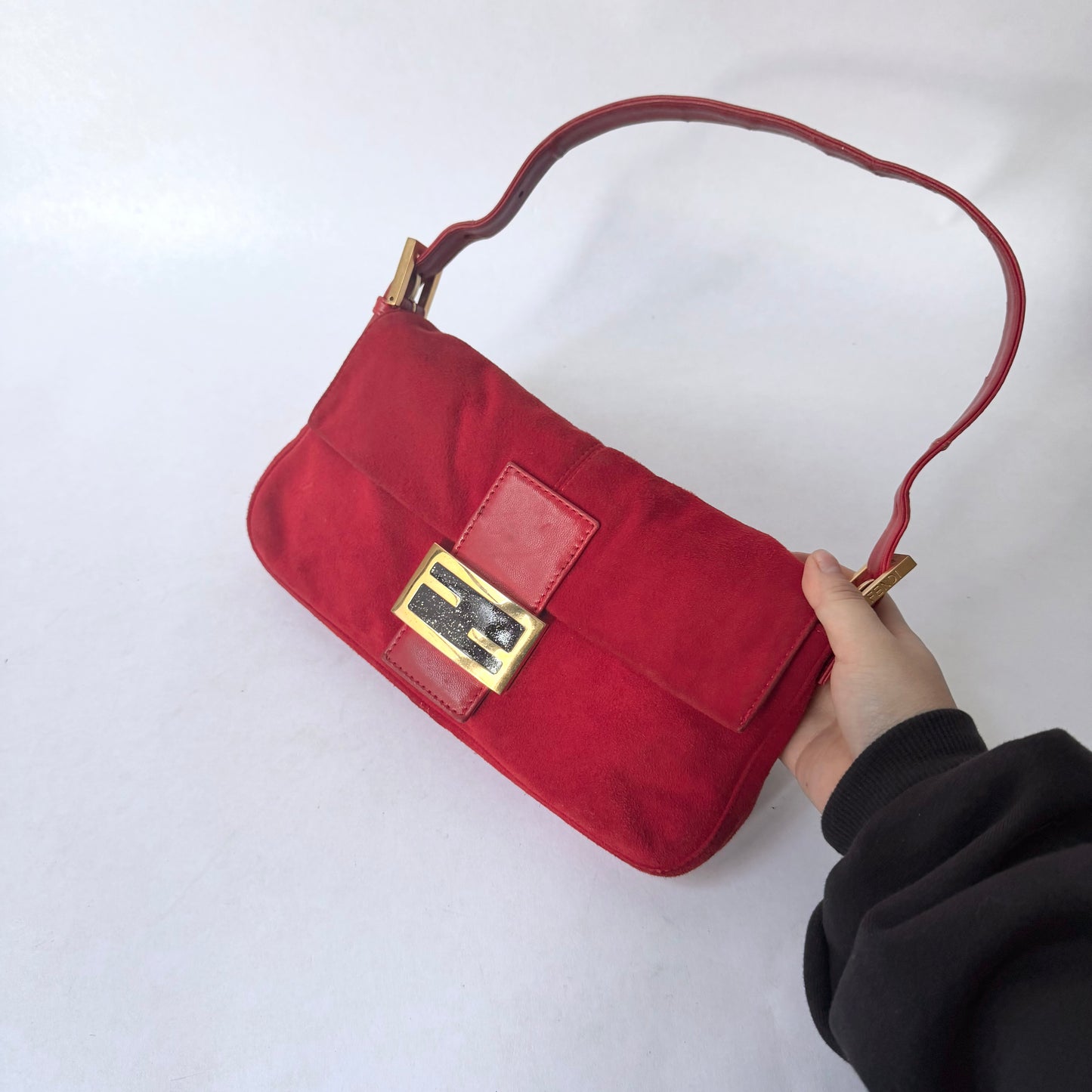 Fendi Red Suede & Leather Baguette Shoulder Bag